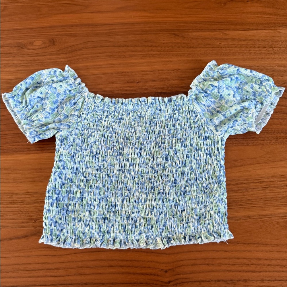 Mayoral Blue and Light Green Smocked Off-Shoulder Crop Top